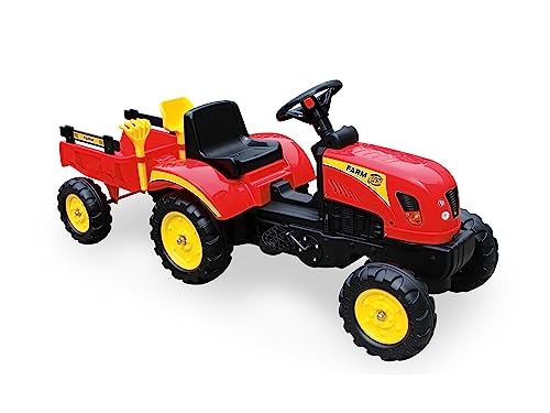 Teorema 67983 - Pedaltraktor rot und gelb mit abnehmbarem Anhänger, Hupe und Kupplungsbremse, max. 35 kg