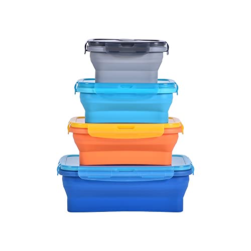 Faltbare Frischhaltedosen mit Deckel 4er Set | Lunchbox mikrowellengeeignet 350, 540, 800 und 1200 ml in 4 Farben | Lunchbox auslaufsicher