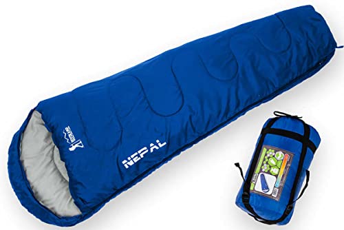Enero Camp Nepal Ganzjahres-Schlafsack mit Kapuze – Warmer Schlafsack für Camping, Wandern – Zwei-Wege-Schlafsack mit Reißverschluss und Kompressionssack – 210 x 80 x 50 cm Blau