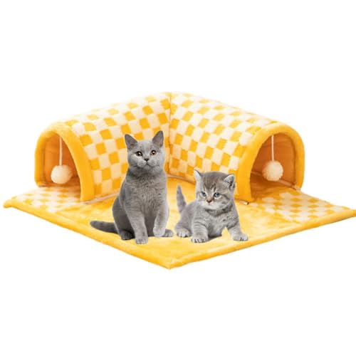 2-in-1 Funny Plush Plaid Checkered Cat Tunnel Bed, Large Cat Tunnel Bed for Indoor Cat (Yellow,M(1-4.5LB))