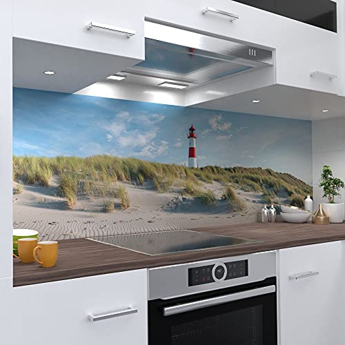 OneWheel | selbstklebende Küchenrückwand | 340x80 cm harte PVC Folie | Wandtattoo für Fliesenspiegel Design Maritim Blau | Motiv: Leuchtturm Sylt