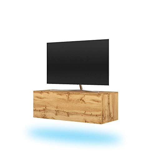 Selsey Skylara – TV-Lowboard hängend in Holzoptik Wotan Eiche mit LED-Beleuchtung in Blau, 100 cm