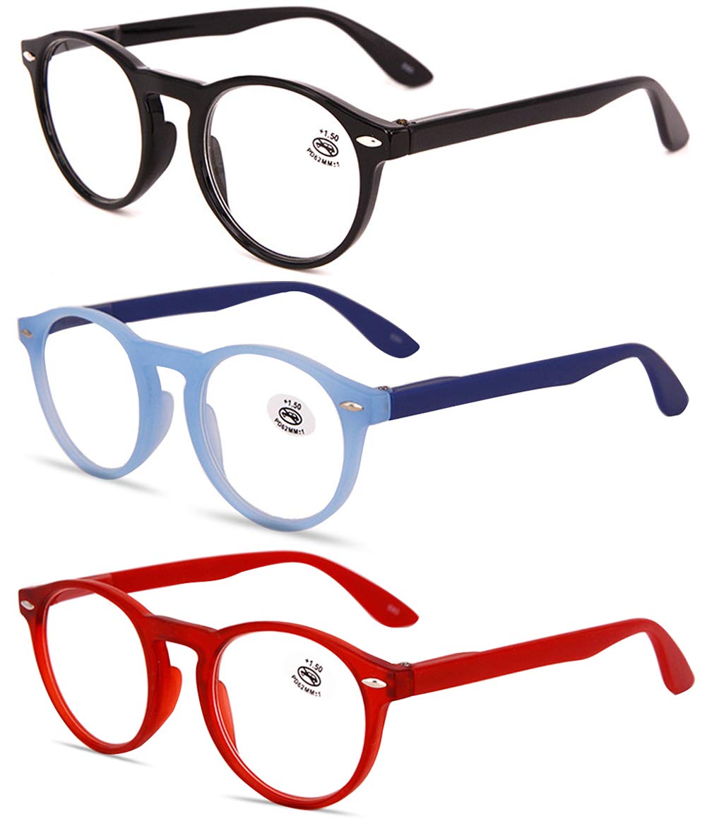 KOOSUFA Lesebrille Herren Damen Retro Runde Nerdbrille Lesehilfen Sehhilfe Federscharniere Vollrandbrille Anti Müdigkeit Brille mit Stärke 1.0 1.5 2.0 2.5 3.0 3.5 4.0 (Schwarz+blau+rot, 2.0)