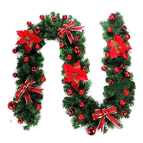 DINESA 1 Stück 2,9 m Girlande Weihnachtsschmuck Künstlicher Kranz mit Beeren und Tannenzapfen für Haustür grün + rot