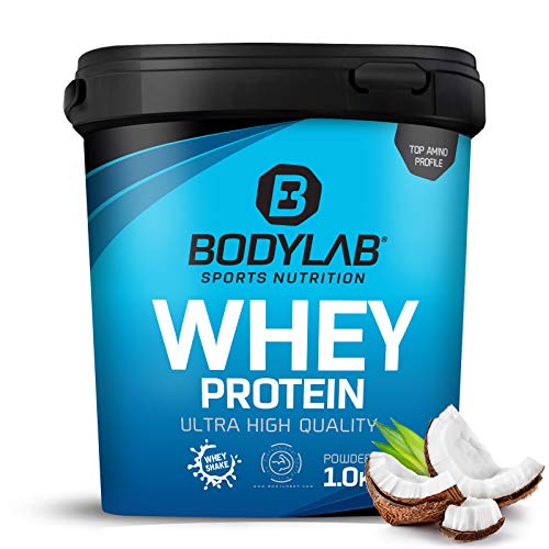 Protein-Pulver Bodylab24 Whey Protein Kokosnuss 1kg, Kokos Protein-Shake für Kraftsport und Fitness, Whey-Pulver kann den Muskelaufbau unterstützen, Eiweiss-Pulver mit 80% Eiweiß, Aspartamfrei
