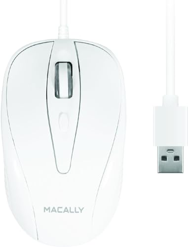 Macally TURBO, MacBook Maus mit 3 Tasten und Scrollrad, optisch mit Kabel, Mouse für USB-A Notebook und Laptop, weiß / grau