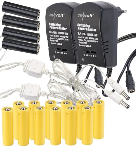 revolt Batterie-Dummies AA: 2er-Set Batterie-Netzteil-Adapter, ersetzt 16 AA-Batterien (4 Geräte) (Batterieersatz, Batterieadapter)