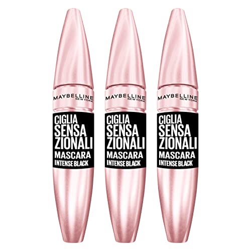 3 x Maybelline New York Sensationelle Wimpern Volumen-Mascara Intensive Farbe Schwarz Fächereffekt ohne Gummi - Packung mit 3 Mascara
