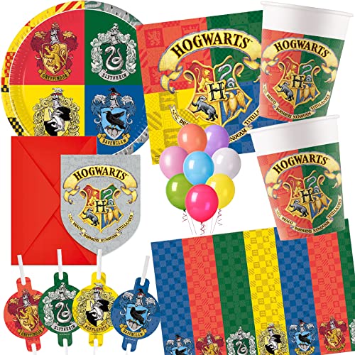 101-teiliges Party Set * HARRY POTTER * für Kindergeburtstag mit Teller + Becher + Servietten + Einladungen + Trinkhalme + Tischdecke + Luftschlangen + Luftballons uvm | Jungen Hogwarts