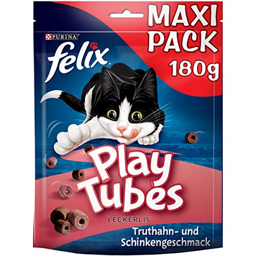 FELIX Play Tubes Katzensnack, Leckerli zum Spielen, mit Truthahn- & Schinkengeschmack, 5er Pack (5 x 180g)