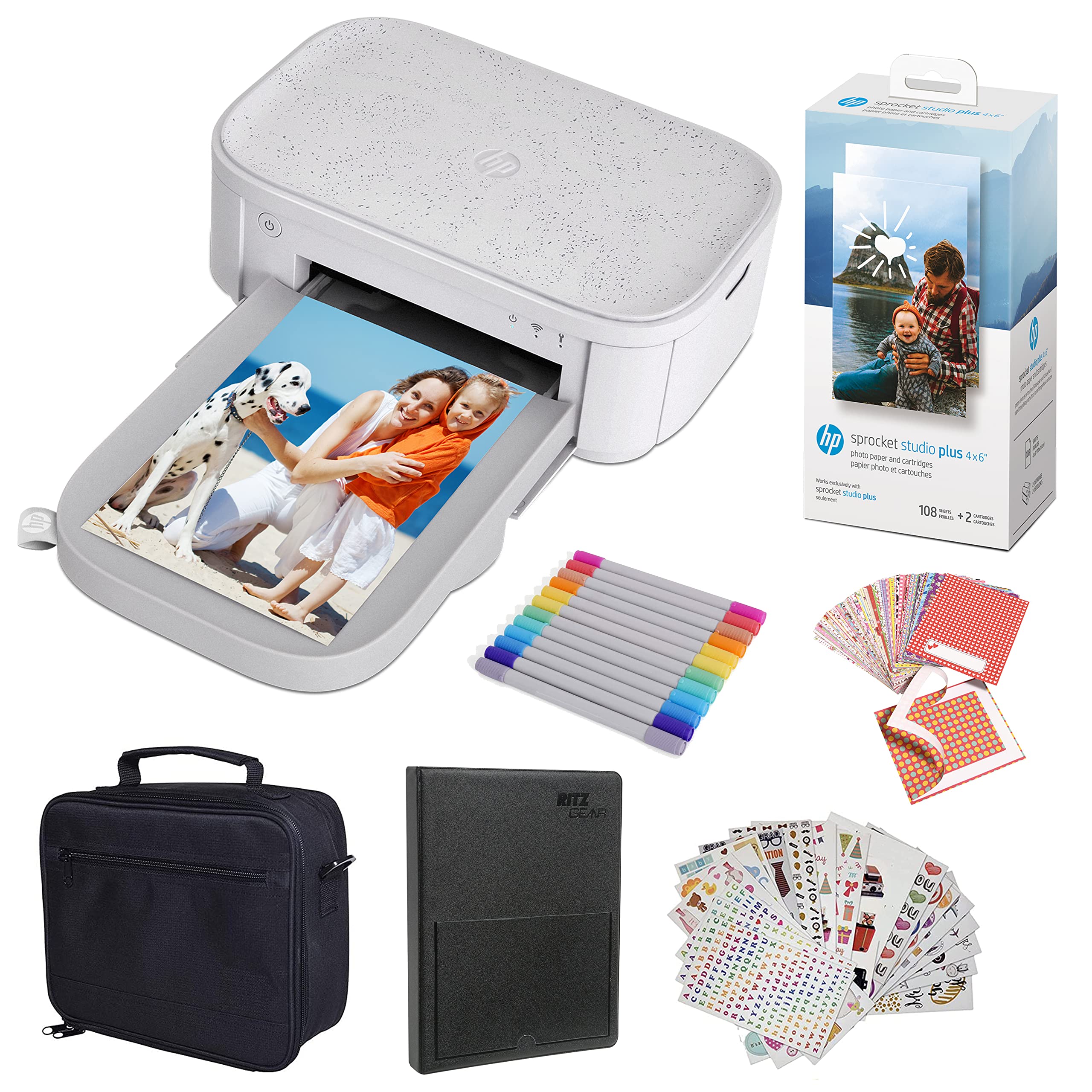 HP Sprocket Studio Plus 4 x 6 Zoll Sofortbilddrucker – Paket: Fotoalbum, Marker, Fotopapier und Aufkleber.