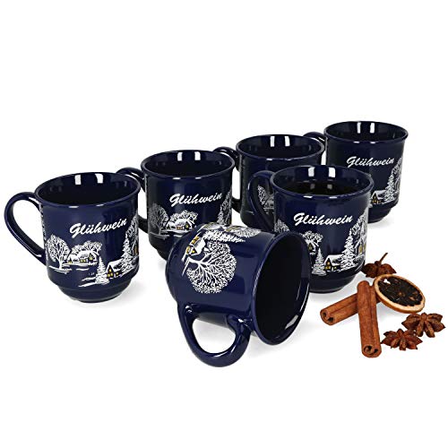 van Well Set of 6 Mulled Wine Cups Blue with Motif and Measuring Line at 0.2 L