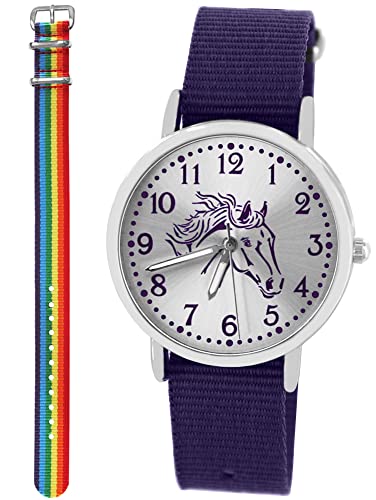 Pacific Time Kinder Armbanduhr Mädchen Junge Pferd Motivuhr Kinderuhr Set 2 Textil Armband violett + Regenbogen analog Quarz 10325