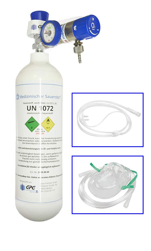 Gase-Kaufen mobil medizinischer Sauerstoff mit Mediselect 25 Druckregler und Maske, 2 Liter