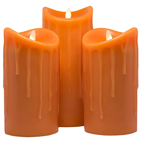 Tronje LED Echtwachskerzen 3er Set mit Timer - 18/18/23 cm Kerzen Orange Wachstropfen mit beweglicher Flamme