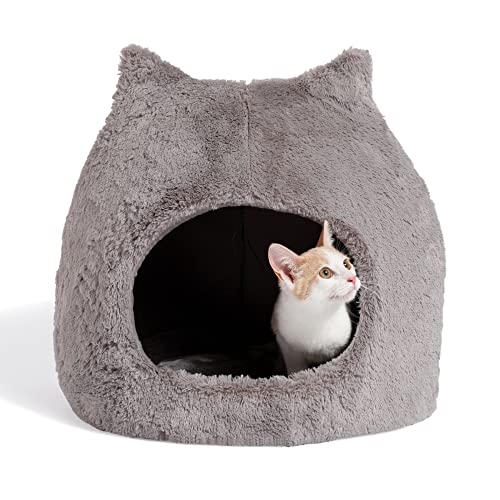 Best Friends by Sheri Meow Hut in Fur Cover Dome Cat and Dog Bed, Gray, Jumbo