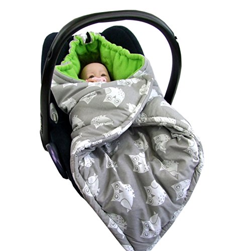BAMBINIWELT Einschlagdecke Babydecke Decke für Babyschale Kinderwagen mit Fleece universal (Eule grün)