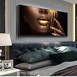PYROJEWEL Große Größe Golden Sexy Lips Afrikanische Schwarze Frau Bild Leinwand Gemälde Wandbild Poster Modern Home Decor Wandbild 80x160cm Rahmenlos