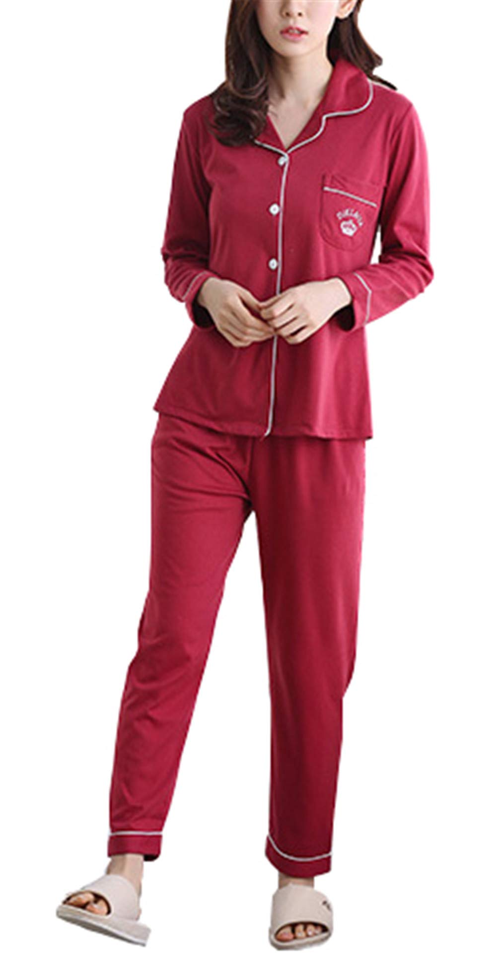 Yigoo Pyjama Schlafanzug Damen Lang Baumwolle Klassische Sleepwear V-Ausschnitt Zweiteiliges Rot L