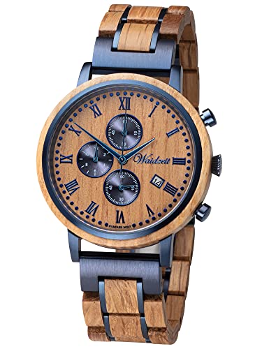 Waidzeit RU01W Rumuhr Uhr Herrenuhr Holz Edelstahl Analog Chrono Datum braun