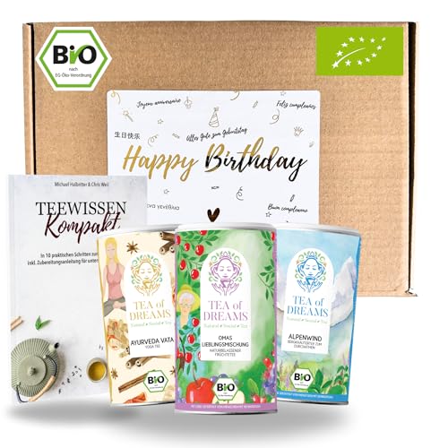 Tee Geschenkset 'Happy Birthday' – 3 Bio-Tees & 48-seitiges Magazin 'Teewissen Kompakt' – Das ultimative Geburtstagsgeschenk für Tee-Liebhaber