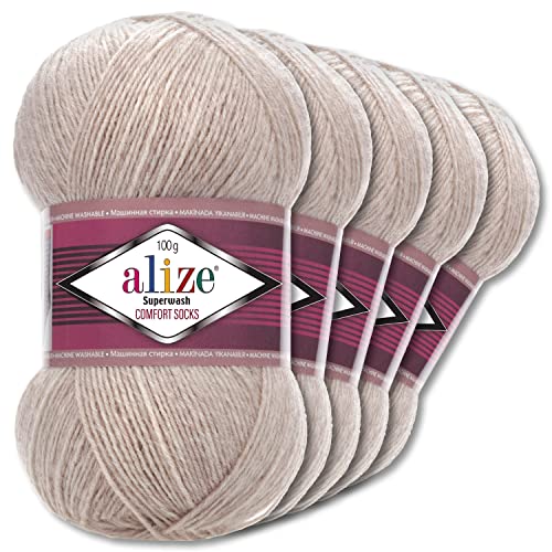 Wohnkult Alize 5x100g Superwash Comfort Sockenwolle 33 Farben zur Auswahl EIN-/Mehrfarbig (152 | Hellbeige Melange)