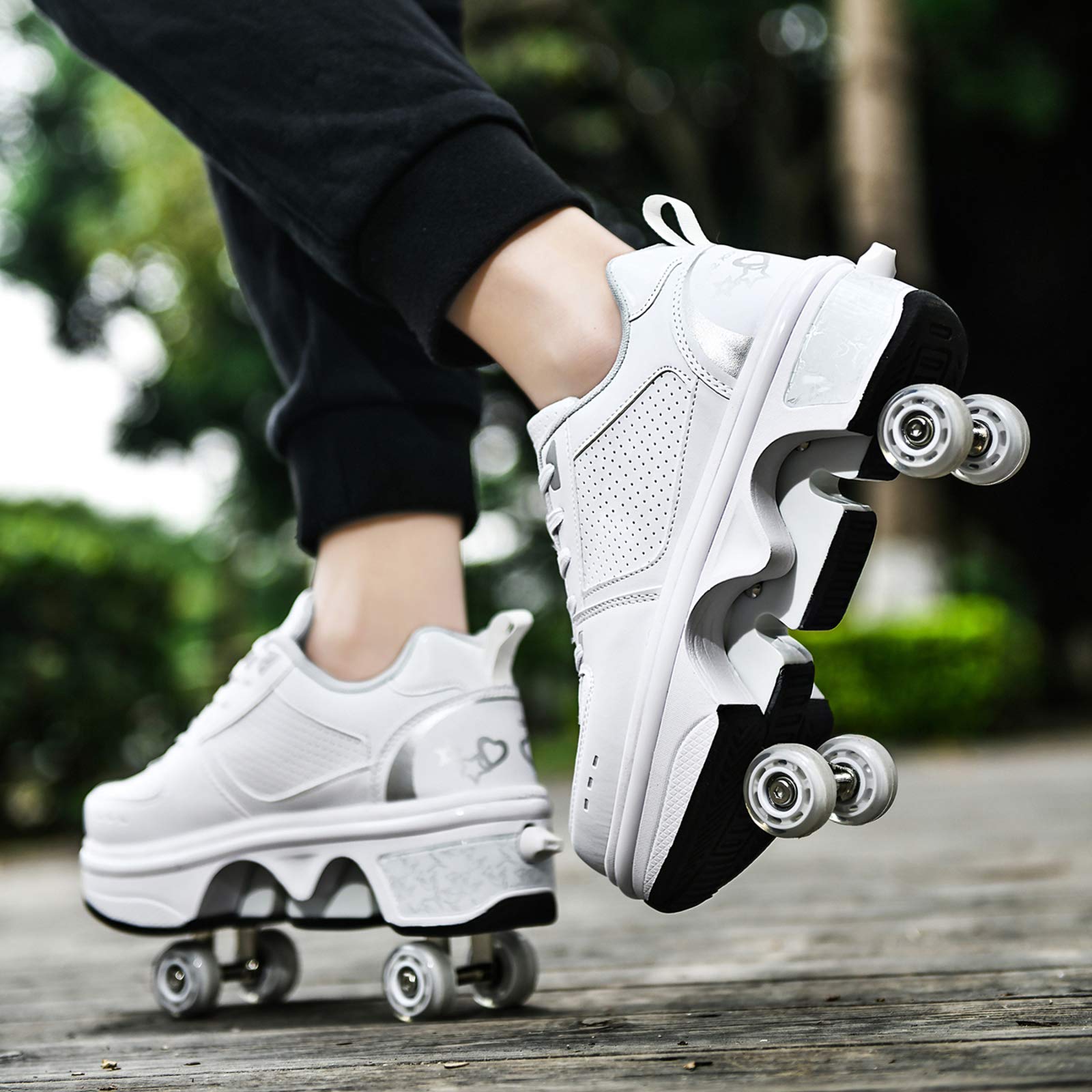 JTKDL Rollschuh Roller Skates Lauflernschuhe, Sneakers, 2 In 1 Mehrzweckschuhe Schuhe Mit Rollen Skateboardschuhe, Inline-Skate, Verstellbare Quad-Rollschuh Stiefel,Silver-EU36/UK3