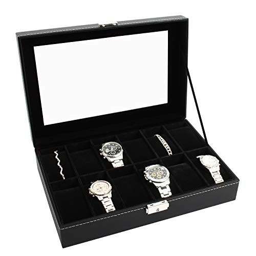 Todeco - Uhrbox, Uhr und Armband Aufbewahrung - Material der Box: MDF - Kissenmaterial: Samt - 12 Uhren und Display, Schwarz