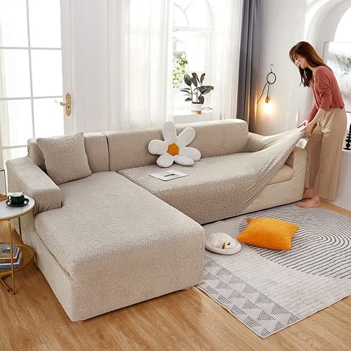 OKJK Jacquard Samt Stretch Sofabezug l Form All-Inclusive, Einfarbige universelle Chaiselongue Sofa überzug, Couchbezug eckcouch für Wohnzimmer (apricot,2 Seater and 2 Seater)