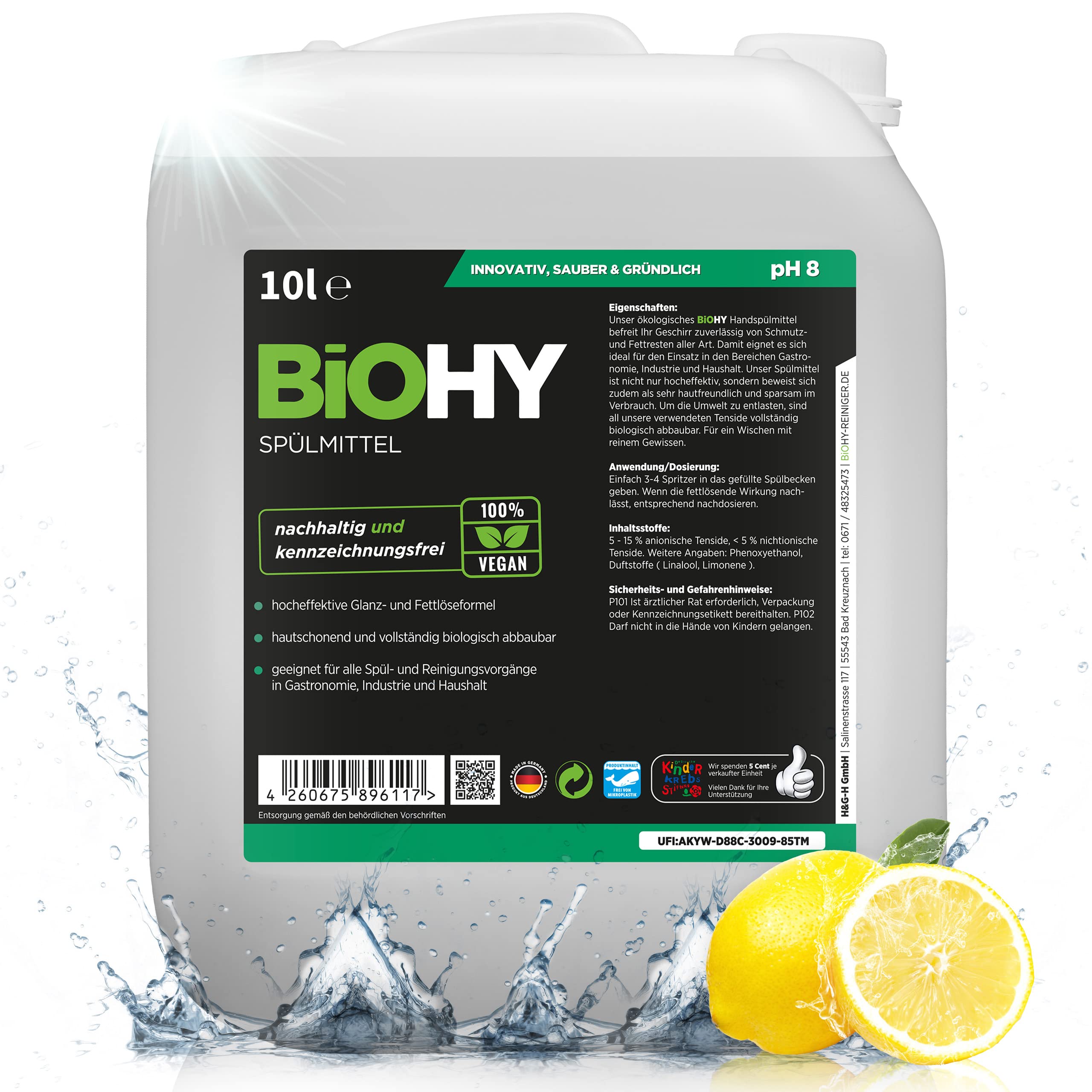 BiOHY Spülmittel (10 Liter Kanister) | Bio Geschirrspülmittel ohne schädliche Chemikalien | Flüssiger Fettlöser für frischen Glanz | ideal für Spülmittelspender | biologisch abbaubar