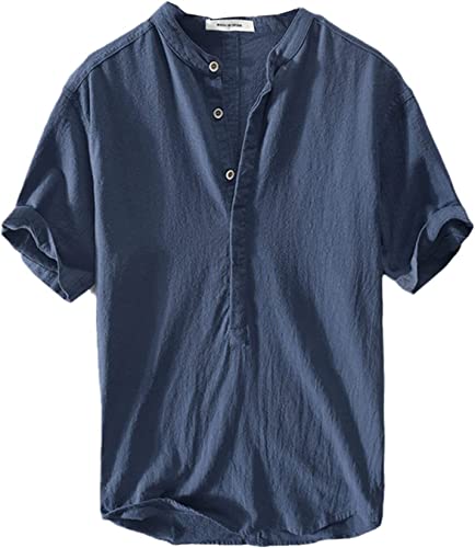 Lanakila Provence Leinen-Baumwollhemd für Herren, Sommer-lässiges leichtes Leinenhemd für Herren (Dunkelblau,M)