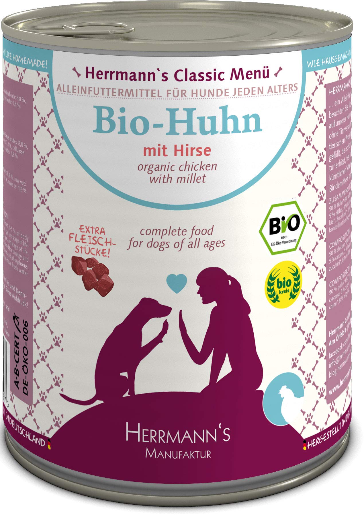 Herrmanns Bio Hundefutter Huhn Menu 2 mit Hirse, Kürbis, Zucchini 800 g, 6er Pack (6 x 800 g)
