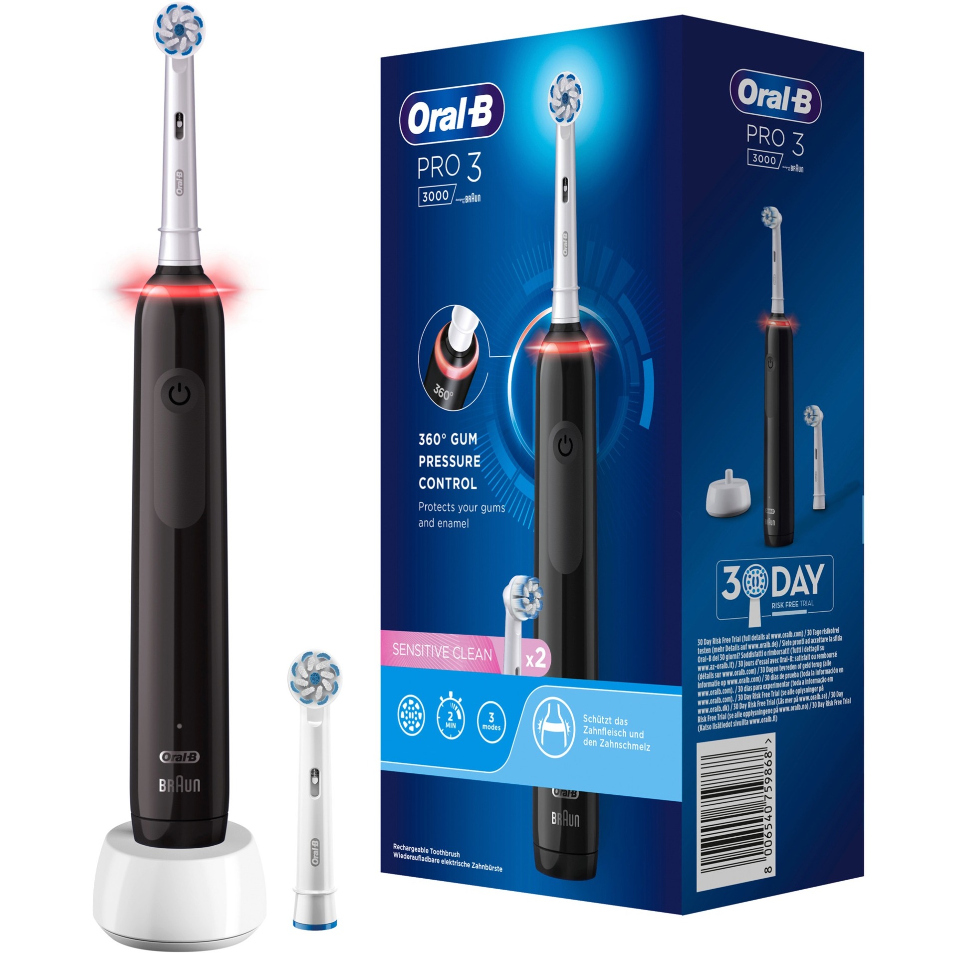 Oral-B Pro 3 3000 Elektrische Zahnbürste/Electric Toothbrush mit visueller 360° Andruckkontrolle für extra Zahnfleischschutz, 3 Putzmodi inkl. Sensitiv, Timer, schwarz