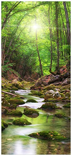 Wallario Selbstklebende Türtapete Fluss im Wald - 93 x 205 cm in Premium-Qualität: Abwischbar, brillante Farben, rückstandsfrei zu entfernen