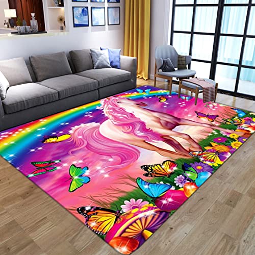 Einhorn 3D Gedruckter Teppich Cartoon Regenbogen Schmetterling Sternmuster Wohnzimmer Schlafzimmer Anti Rutsch Carpet Kinder Mädchen Jungen Zimmer Spielen Krabbeln Fußmatten (120x180 cm, Rosa)