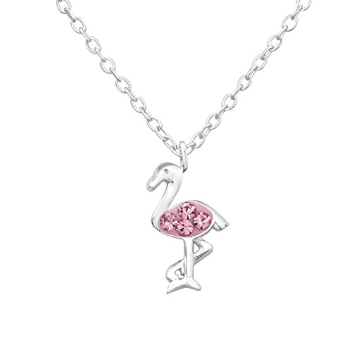Monkimau Mädchen Halskette Flamingo Anhänger aus 925 Sterling Silver echt Silber mit 4 Rosa Kristallen 45cm Kette