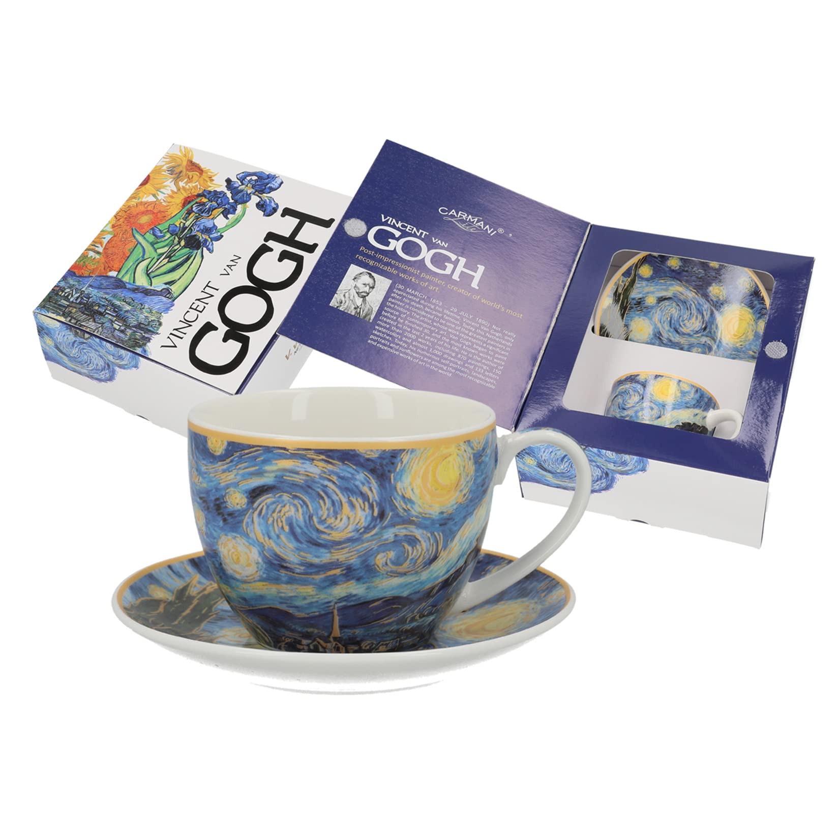 Carmani Porzellan Tasse und Untertasse Set mit Van Gogh Sternennacht 250ml
