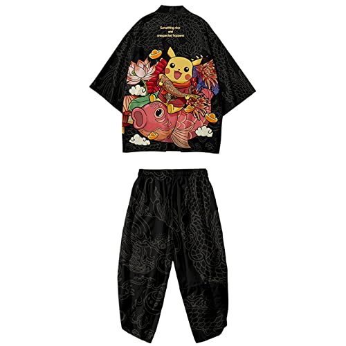WYUKN Japanisches Kimono Cardigan Herren Damen - Mode Print Jacke/Plus Size Traditionelle Haremshose Anzug/Männer Sommer Alltagskleidung/Loose Pyjamas Bademantel,Black-5XL