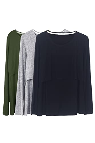 Smallshow Damen Langarm Schwanger T-Shirt Umstandsshirt Umstandstop Schwangerschaft Kleidung 3 Pack,Black/Grey/Army Green,L
