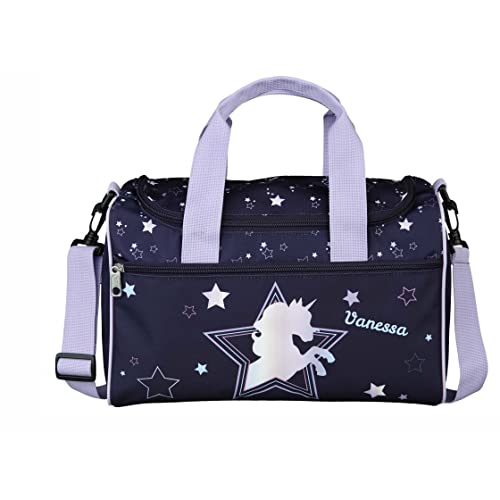 kleine Sporttasche mit Namen Bedruckt | Für Kinder inklusive Namensdruck | Einhorn Dreamland mit Sternen in lila für Mädchen | Personalisierte Reisetasche Umhängetasche
