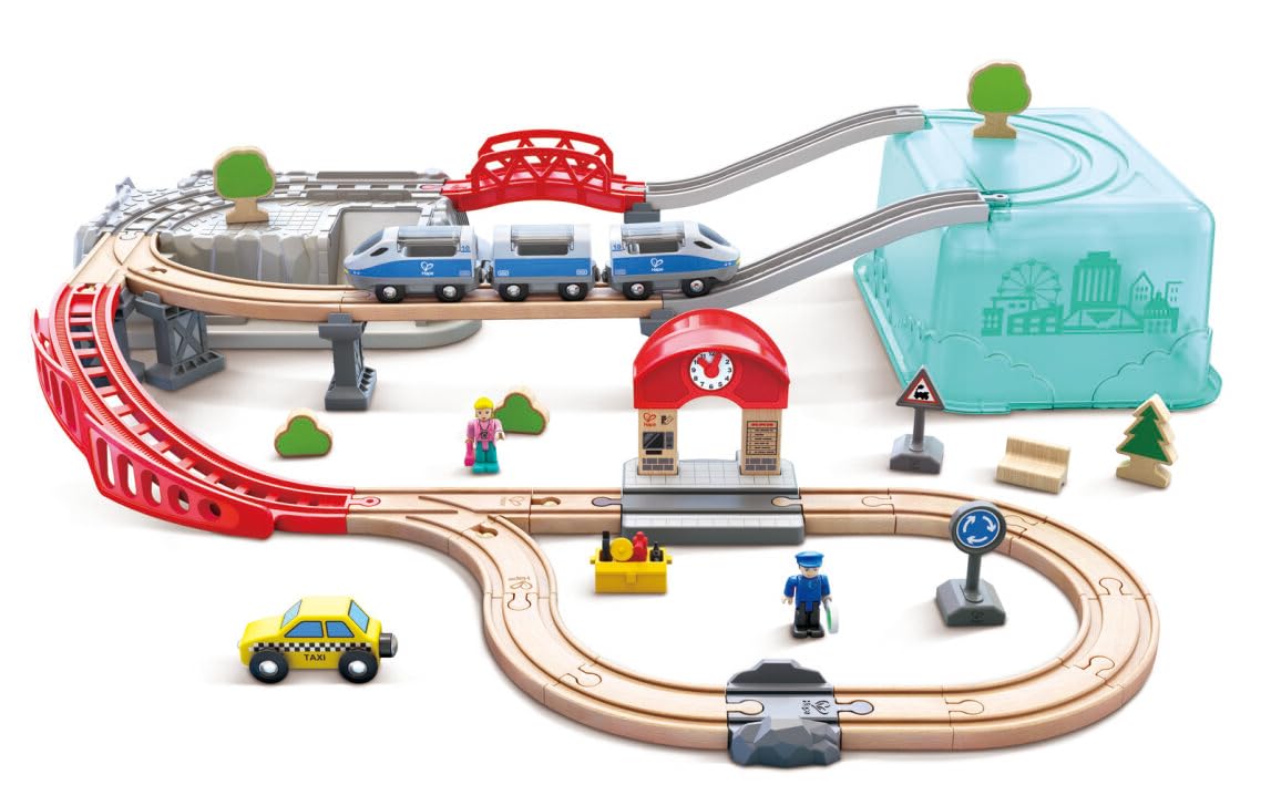 Hape Eisenbahnwelt Spielset mit Aufbewahrungsbox, 48 Teile, an 3 Jahren