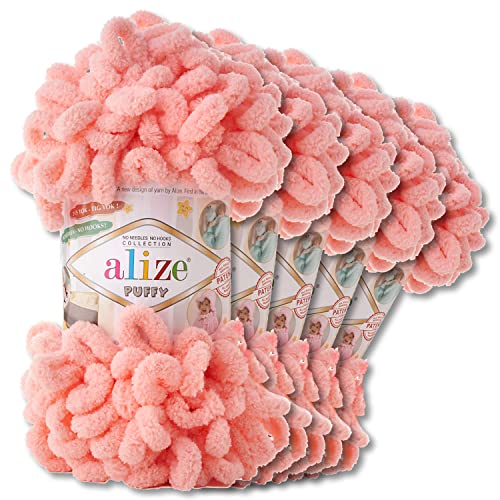 Alize 5 x 100 g Puffy Wolle Chenille Schlaufenwolle Häkeln und Stricken ohne Hilfsmittel Kleidung Accesoire Decken Teppiche (529 | Lachsrosa)