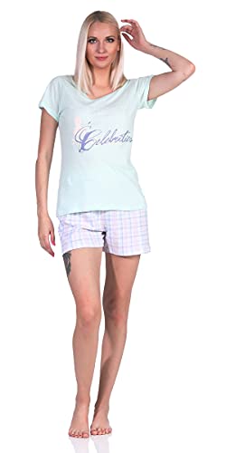 Good Deal Market Kurzer Damen-Pyjama sommerlicher Schlafanzug luftige leichte Baumwolle 48-50 Aqua mit Karierter Hose luftiger sommerlicher kurzer Schlafanzug Pyjama Teddy