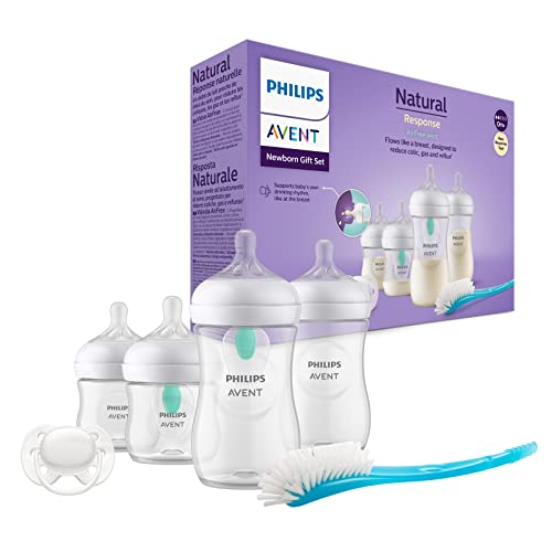 Philips Avent AirFree Vent Babyflasche für Neugeborene, Geschenkset – 4 Baby-Milchflaschen mit luftfreier Belüftung, ultraweicher Schnuller und Flaschenbürste, Babys ab 0-12 Monaten (Modell SCD657/11)