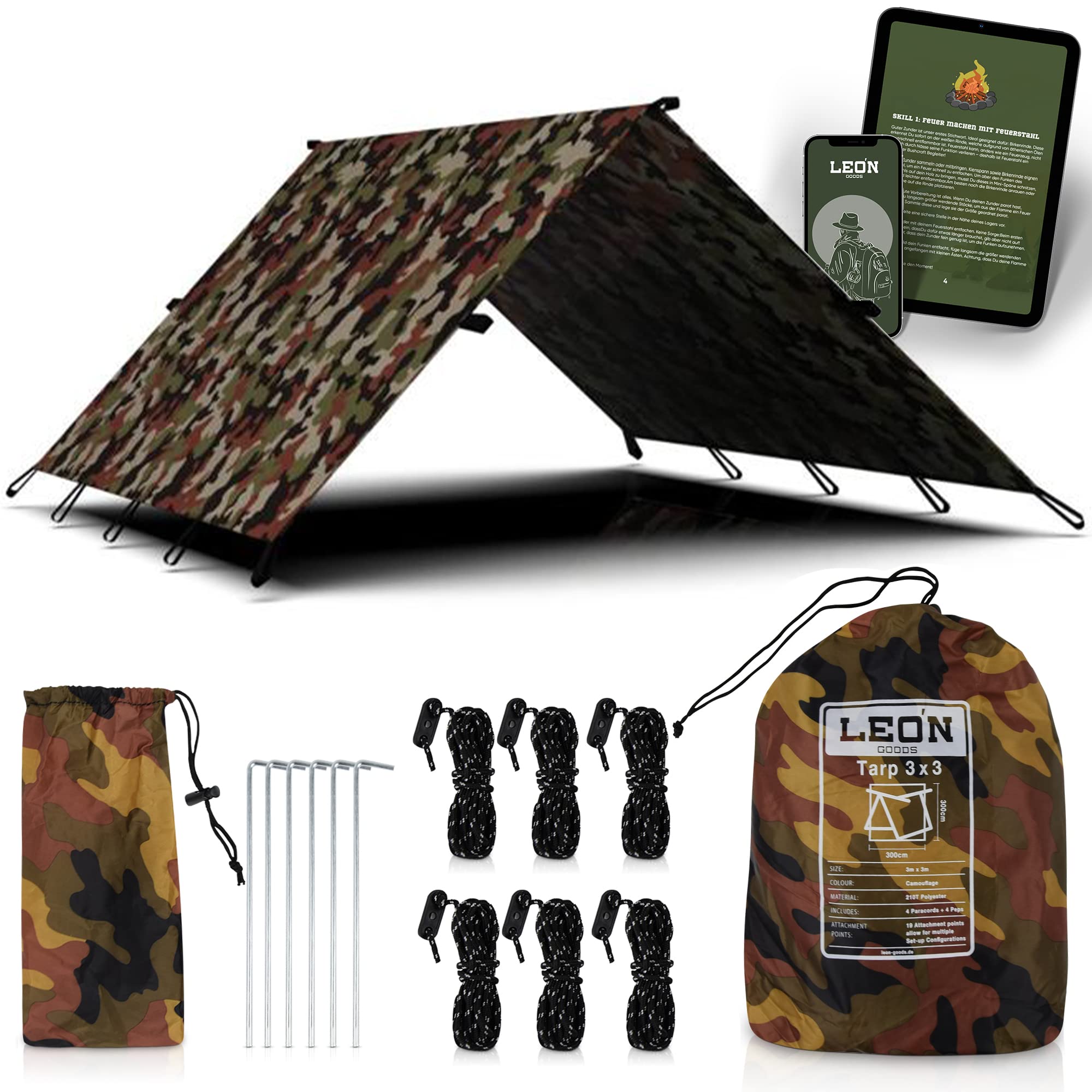 LEÓN Goods © - Das einzige Tarp mit Innenschlaufe - 3x3 Meter Åsele Tarp - Camouflage! Camping Tarp leicht und Wasserdicht für Dein nächstes Survival Abenteuer oder Camping Ausflug. + eBook!