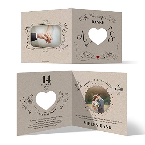 30 x Lasergeschnittene Danksagungskarten Hochzeit Hochzeitskarten Dankeskarten individuell mit Foto und Text Quadrat Klappkarte 148x148mm - Vintage Kraftpapier