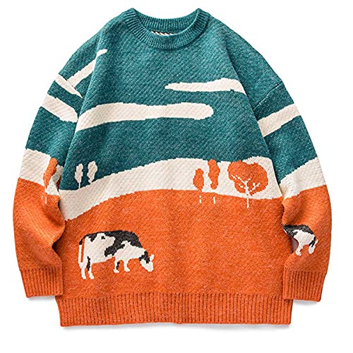 routinfly Herren Herbst Pullover und Pullover – Langarm Strickbluse Hemden Grassland Kuh Druck Vintage Oversize Hoodie Casual