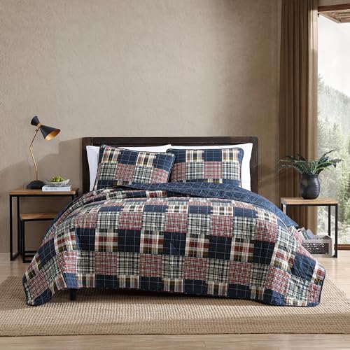 Eddie Bauer - Bettwäsche-Set für Doppelbett, Baumwolle, Wendebettwäsche mit passendem Kissenbezug, leichte Heimdekoration für alle Jahreszeiten (Madrona-Marineblau/Rot, Doppelbett)