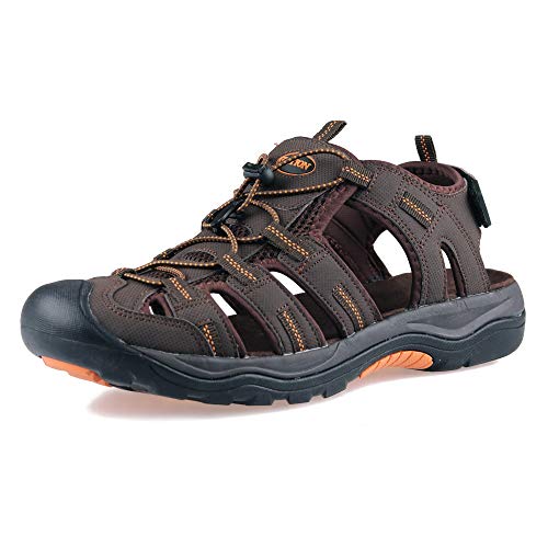 GRITION Herren Wandern Sandalen Outdoor Trekkingsandalen Verstellbaren Geschlossene Zehe Männer Sommer Sport Wanderschuhe Wasserfest Sandale Klettverschluss Lose Beach MEHRWEG (44 EU, Braun)