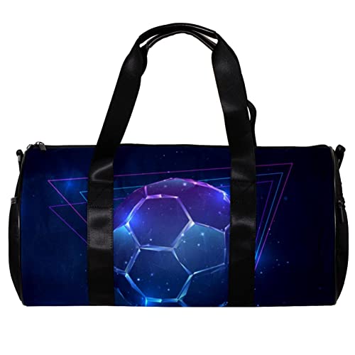 Runde Sporttasche mit abnehmbarem Schultergurt, Fußball auf blauem Hintergrund im virtuellen Raumtraining, Handtasche für Damen und Herren, mehrfarbig, 45x23x23cm/17.7x9x9in